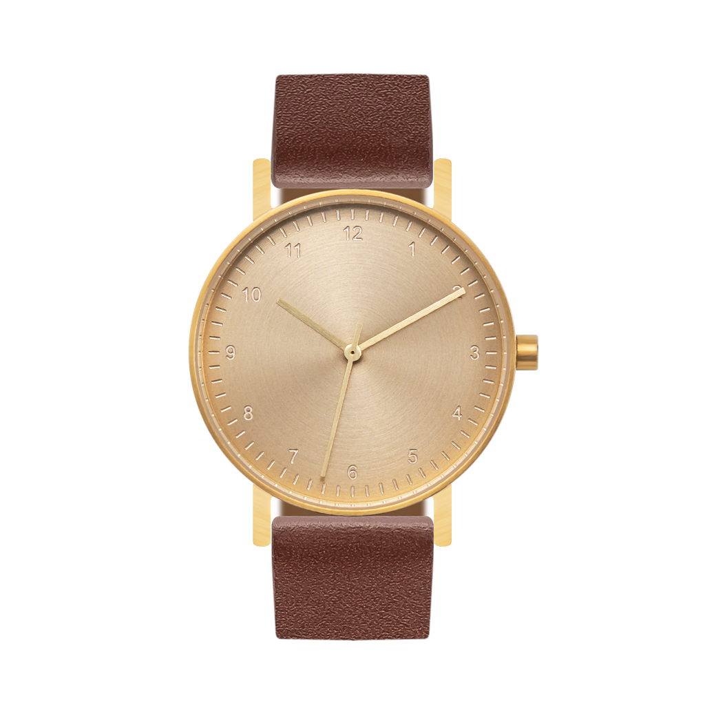 B60 Watch, Gold Case, Gold Dial, Leather Strap - Coffee