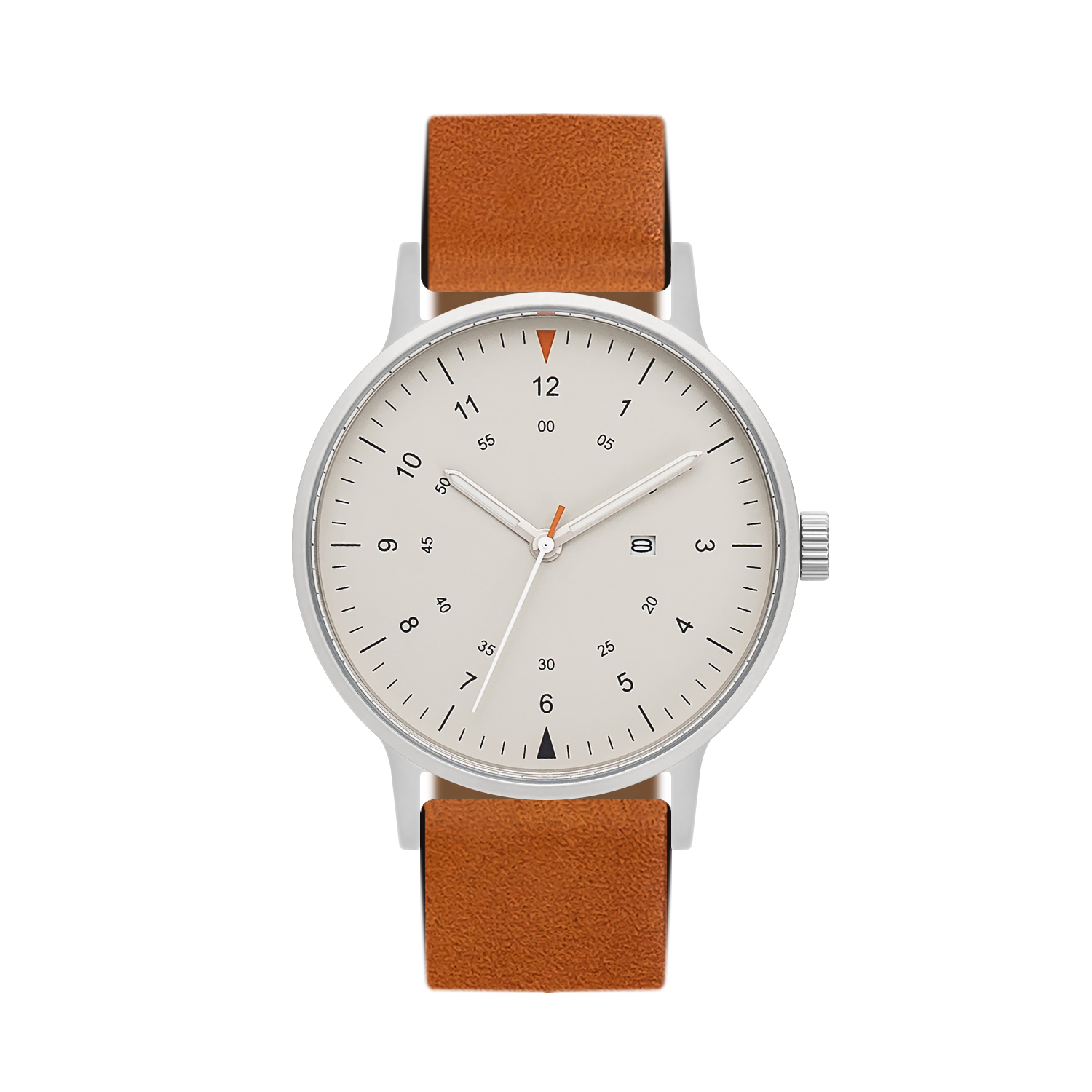 B70 Watch, Silver Case, Beige Dial, Calendar, Luminous, Leather Strap - Tan