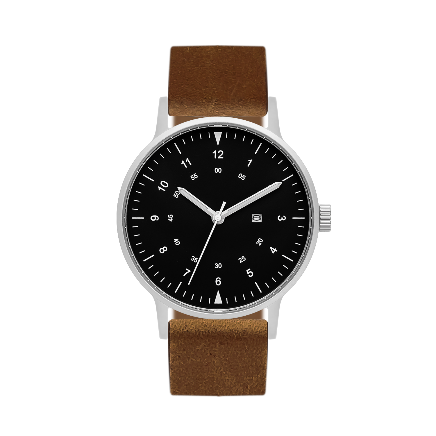 B70 Watch, Silver Case, Black Dial, Calendar, Luminous, Leather Strap - Brown Suede