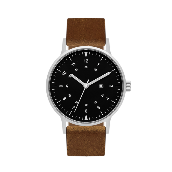 B70 Watch, Silver Case, Black Dial, Calendar, Luminous, Leather Strap - Brown Suede