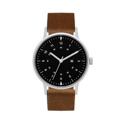 B70 Watch, Silver Case, Black Dial, Calendar, Luminous, Leather