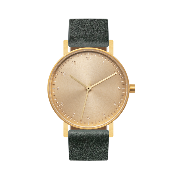 B60 Watch, Gold Case, Gold Dial, Leather Strap - Green