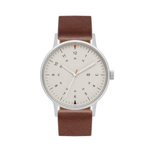B70 Watch, Silver Case, Beige Dial, Calendar, Luminous, Leather Strap