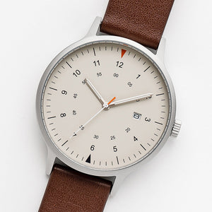 B70 Watch, Silver Case, Beige Dial, Calendar, Luminous, Leather Strap