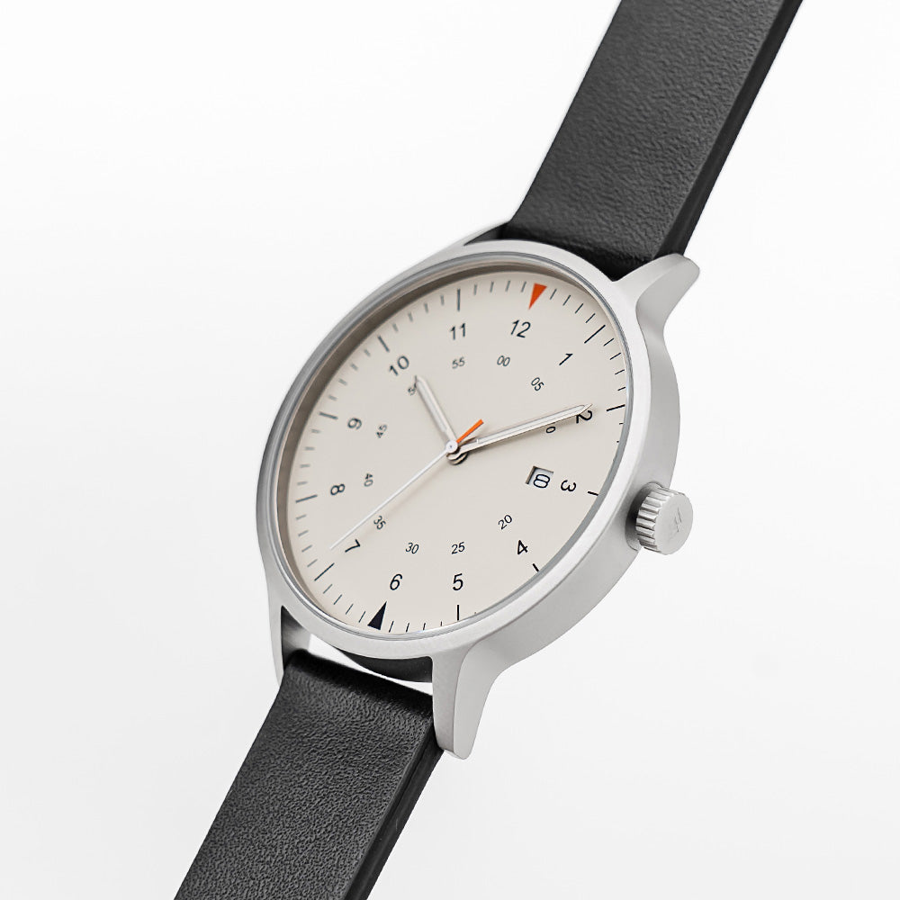 B70 Watch, Silver Case, Beige Dial, Calendar, Luminous, Leather Strap - Black