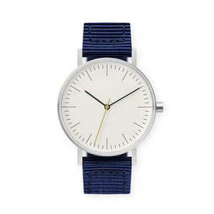 B001 Watch, Silver Case, Off White Dial, Nylon Strap - Navy - BIJOUONE
