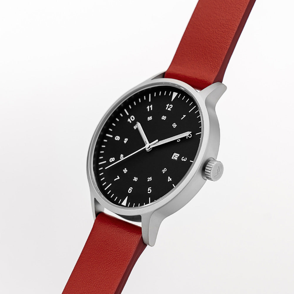 B70 Watch, Silver Case, Black Dial, Calendar, Luminous, Leather Strap - Red