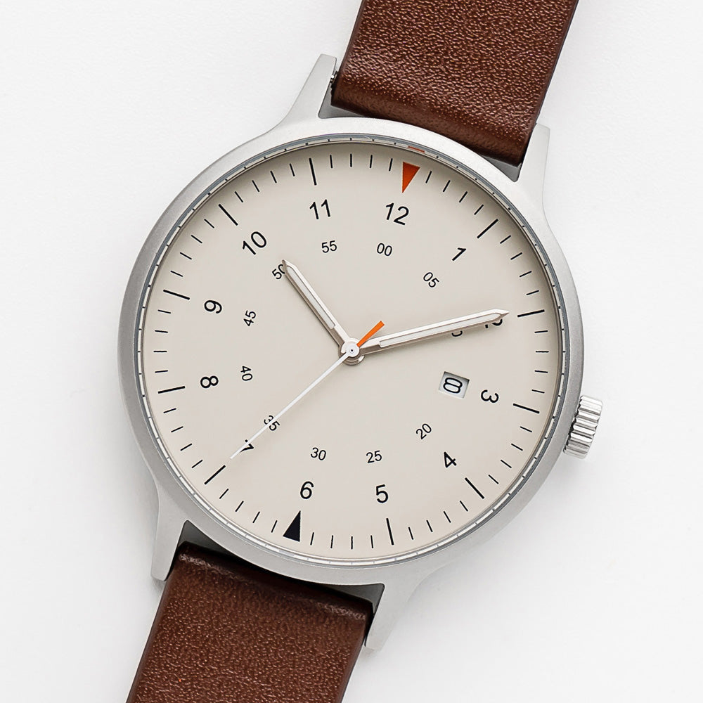 B70 Watch, Silver Case, Beige Dial, Calendar, Luminous, Leather Strap - Coffee