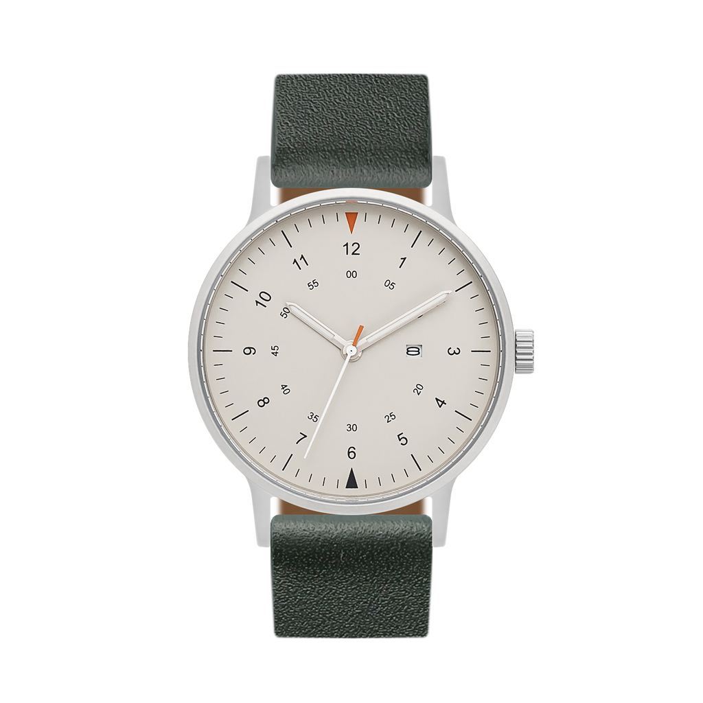 B70 Watch, Silver Case, Beige Dial, Calendar, Luminous, Leather Strap - Green