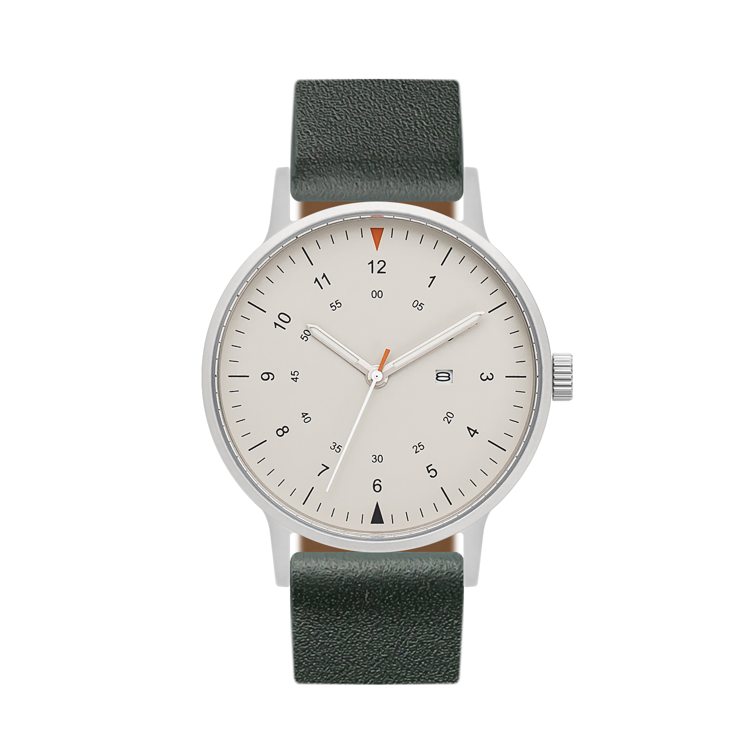 B70 Watch, Silver Case, Beige Dial, Calendar, Luminous, Leather Strap - Green