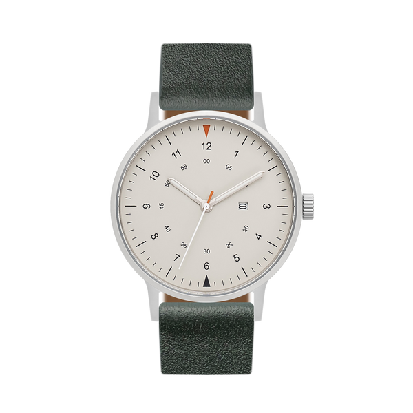 B70 Watch, Silver Case, Beige Dial, Calendar, Luminous, Leather Strap - Green