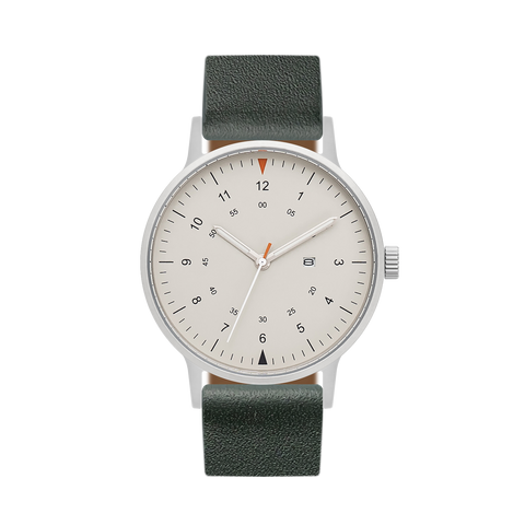 B70 Watch, Silver Case, Beige Dial, Calendar, Luminous, Leather Strap - Green