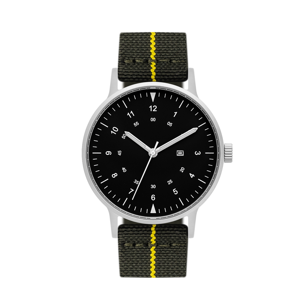 B70 Watch, Silver Case, Black Dial, Calendar, Luminous, Stretch Nylon Strap
