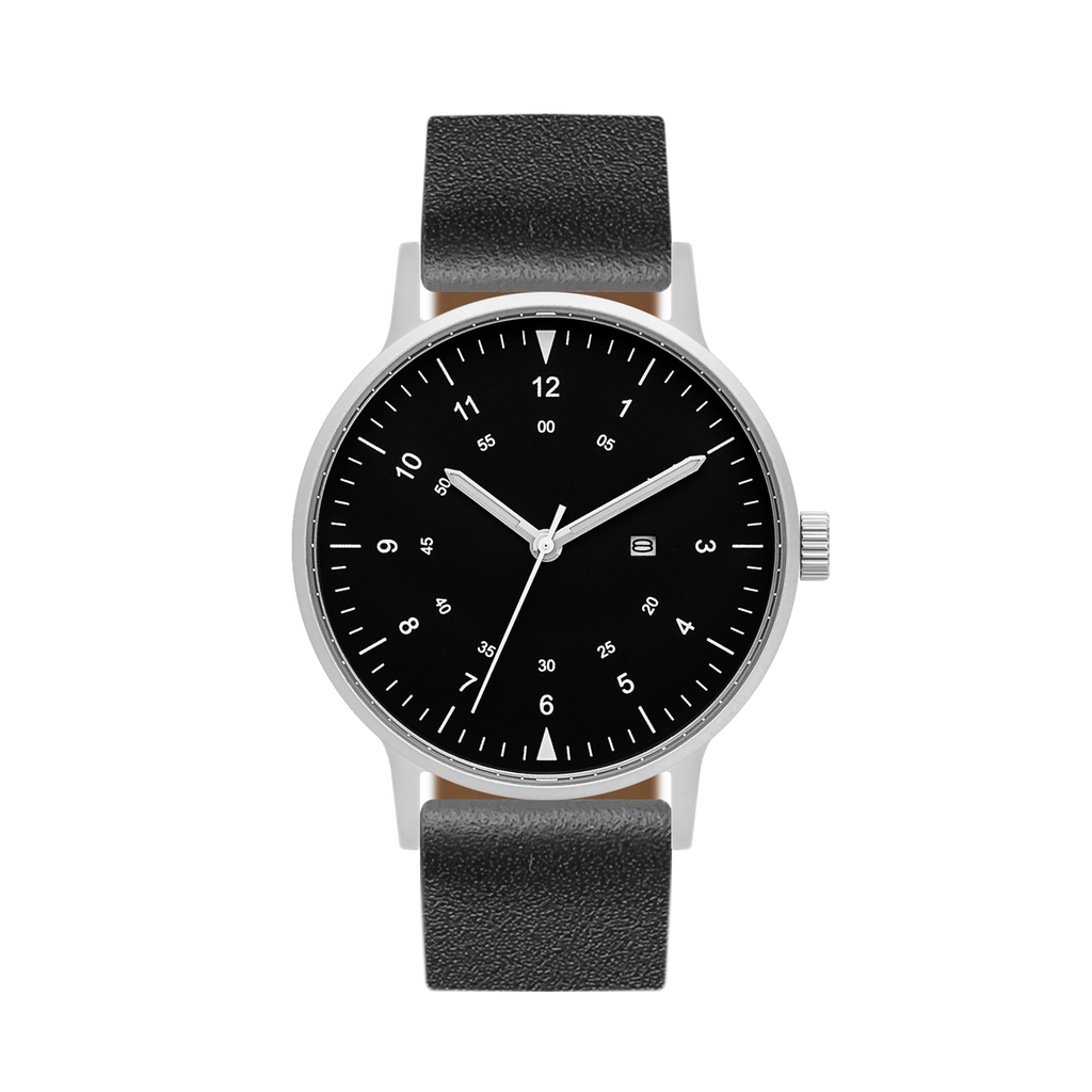 B70 Watch, Silver Case, Black Dial, Calendar, Luminous, Leather Strap - Black