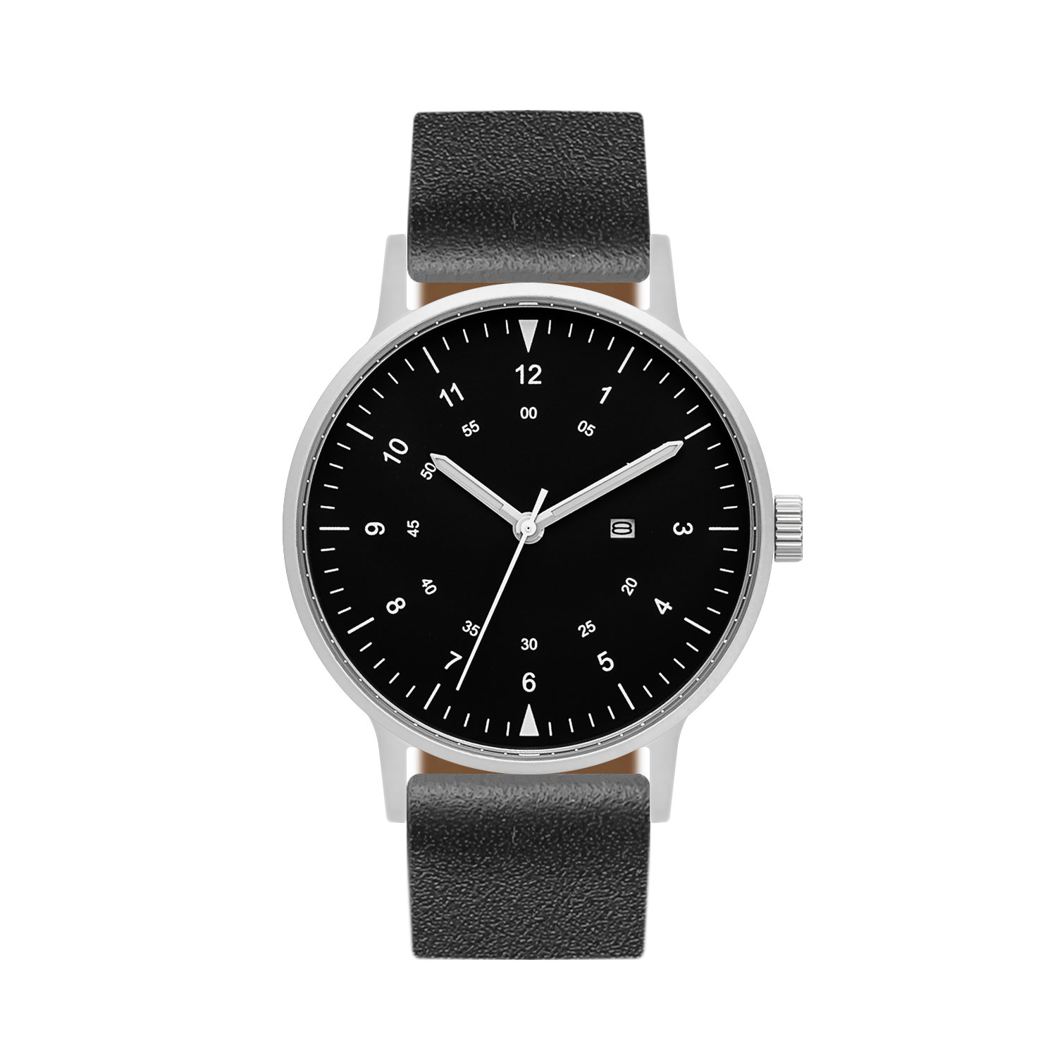 B70 Watch, Silver Case, Black Dial, Calendar, Luminous, Leather Strap - Black