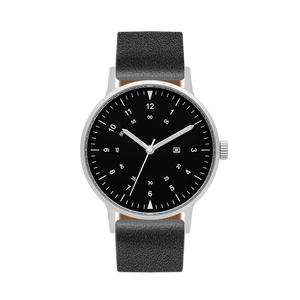 B70 Watch, Silver Case, Black Dial, Calendar, Luminous, Leather Strap - Black