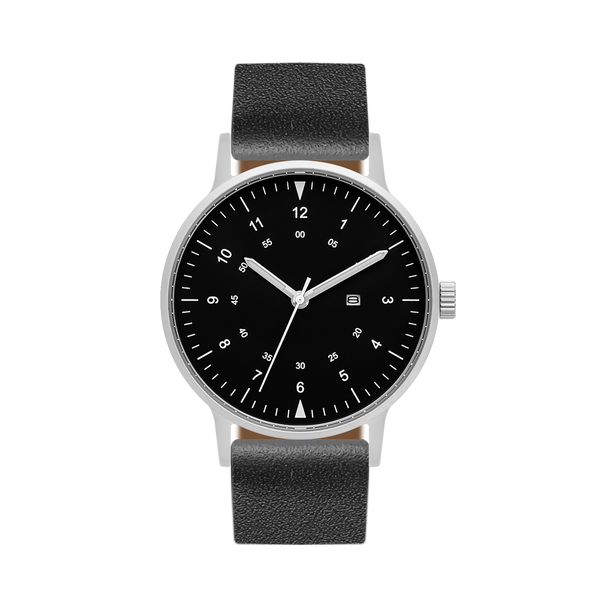 B70 Watch, Silver Case, Black Dial, Calendar, Luminous, Leather Strap - Black
