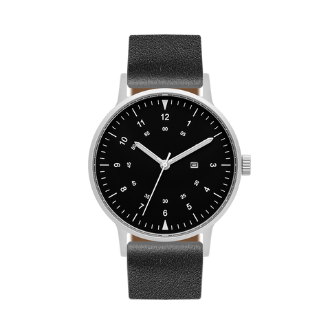 B70 Watch, Silver Case, Black Dial, Calendar, Luminous, Leather Strap - Black