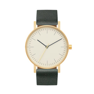 B001 Watch, Gold Case, Off White Dial, Leather Strap - Green