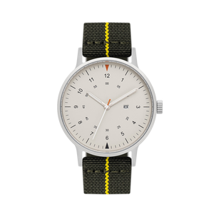 B70 Watch, Silver Case, Beige Dial, Calendar, Luminous, Stretch Nylon straps - Green