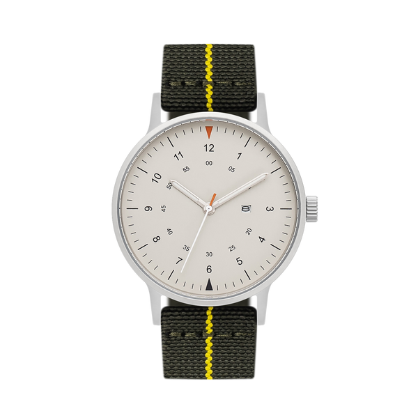 B70 Watch, Silver Case, Beige Dial, Calendar, Luminous, Stretch Nylon straps - Green