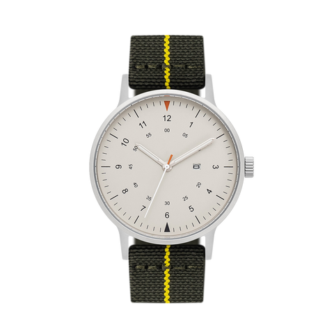 B70 Watch, Silver Case, Beige Dial, Calendar, Luminous, Stretch Nylon straps - Green