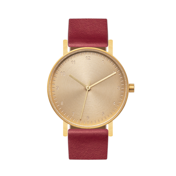 B60 Watch, Gold Case, Gold Dial, Leather Strap - Red