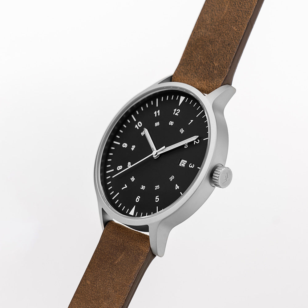 B70 Watch, Silver Case, Black Dial, Calendar, Luminous, Leather Strap - Brown Suede