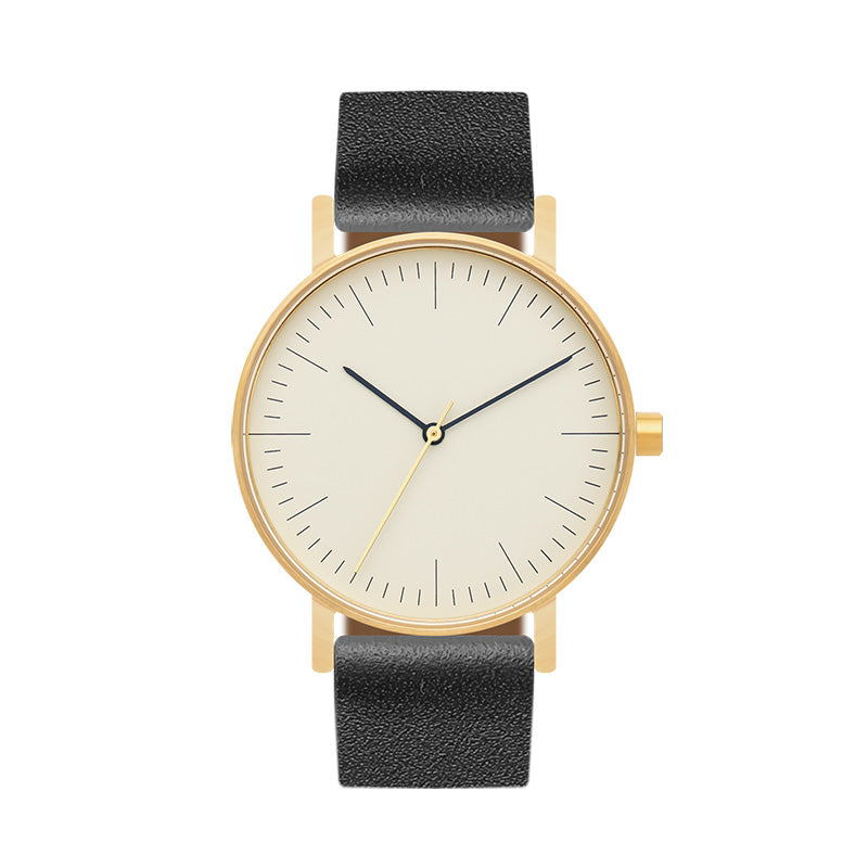 B001 Watch, Gold Case, Off White Dial, Leather Strap - Black - BIJOUONE