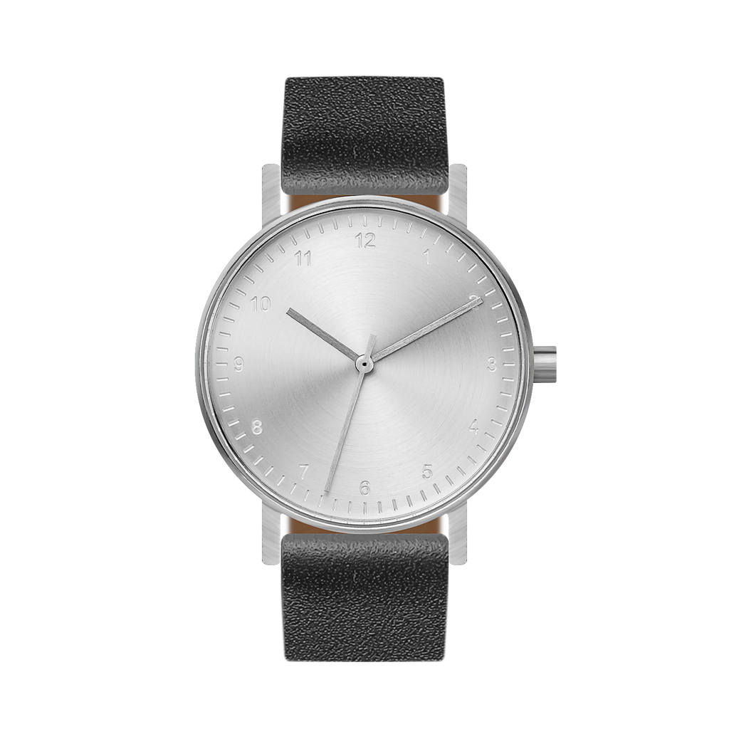B60 Watch, Silver Case, silver Dial, Leather Strap - Black