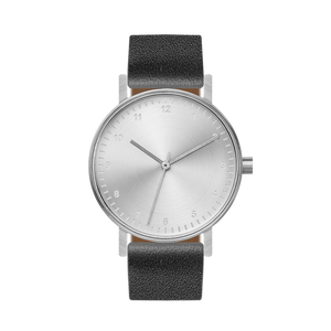 B60 Watch, Silver Case, silver Dial, Leather Strap - Black