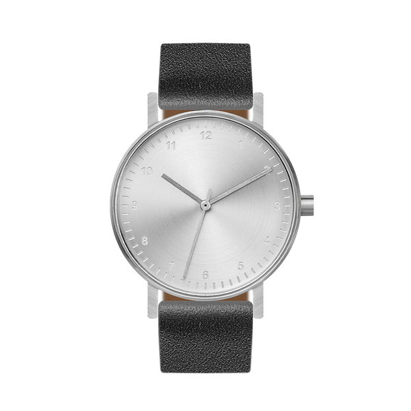 B60 Watch, Silver Case, silver Dial, Leather Strap - Black