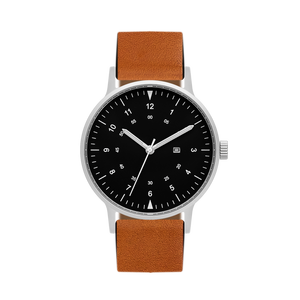 B70 Watch, Silver Case, Black Dial, Calendar, Luminous, Leather Strap