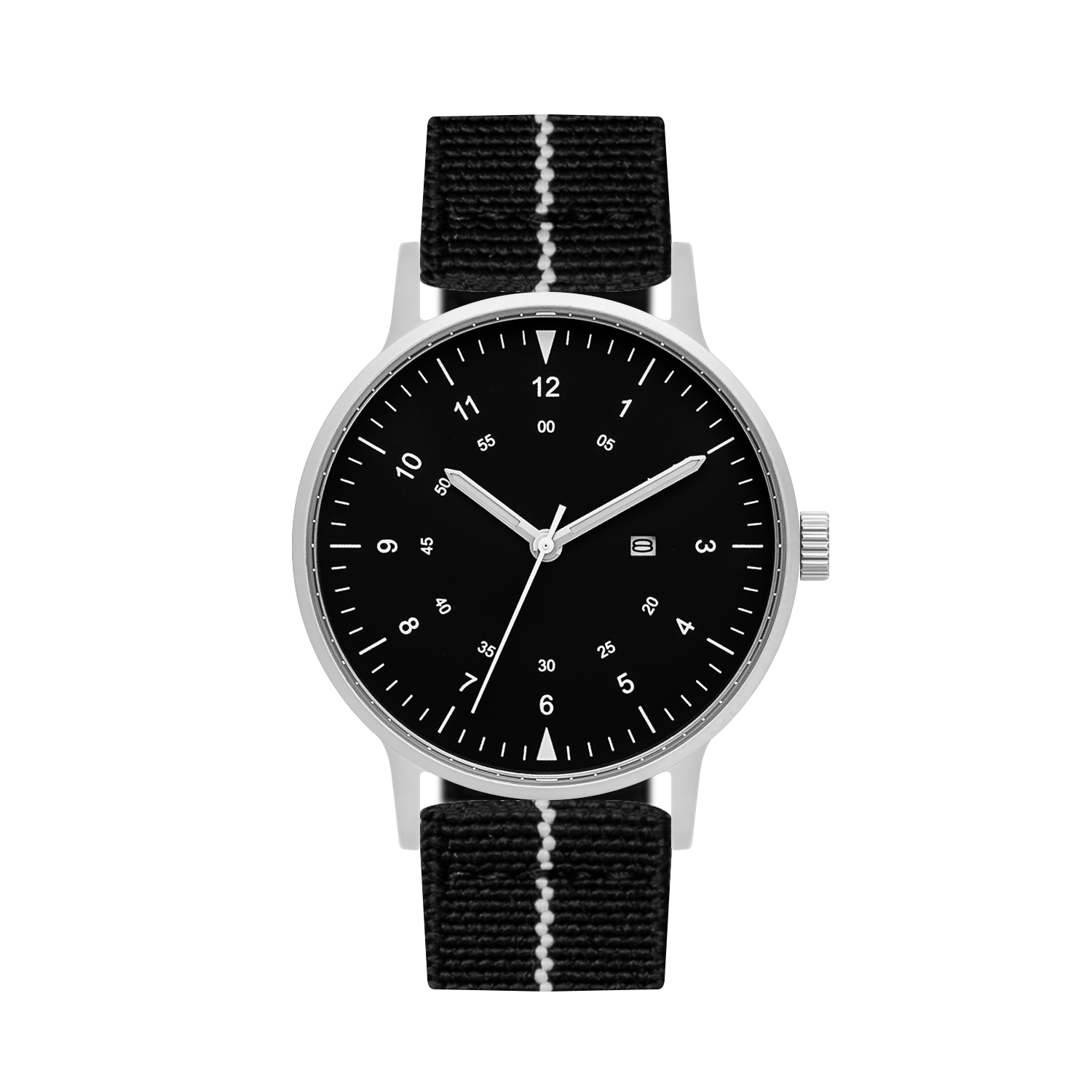 B70 Watch, Silver Case, Black Dial, Calendar, Luminous, Stretch Nylon straps - Black