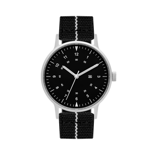 B70 Watch, Silver Case, Black Dial, Calendar, Luminous, Stretch Nylon straps - Black