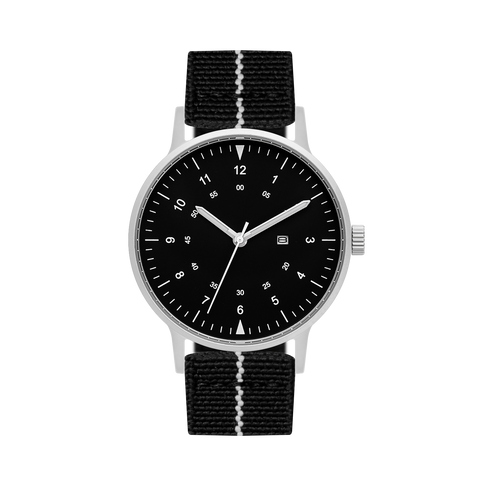 B70 Watch, Silver Case, Black Dial, Calendar, Luminous, Stretch Nylon straps - Black