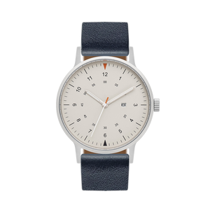 B70 Watch, Silver Case, Beige Dial, Calendar, Luminous, Leather Strap