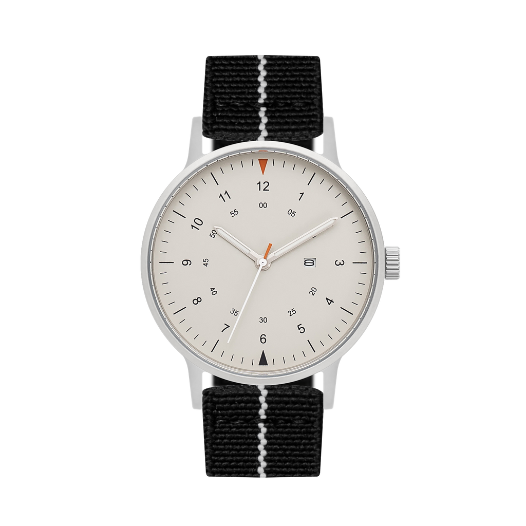 B70 Watch, Silver Case, Beige Dial, Calendar, Luminous, Stretch Nylon straps - Black