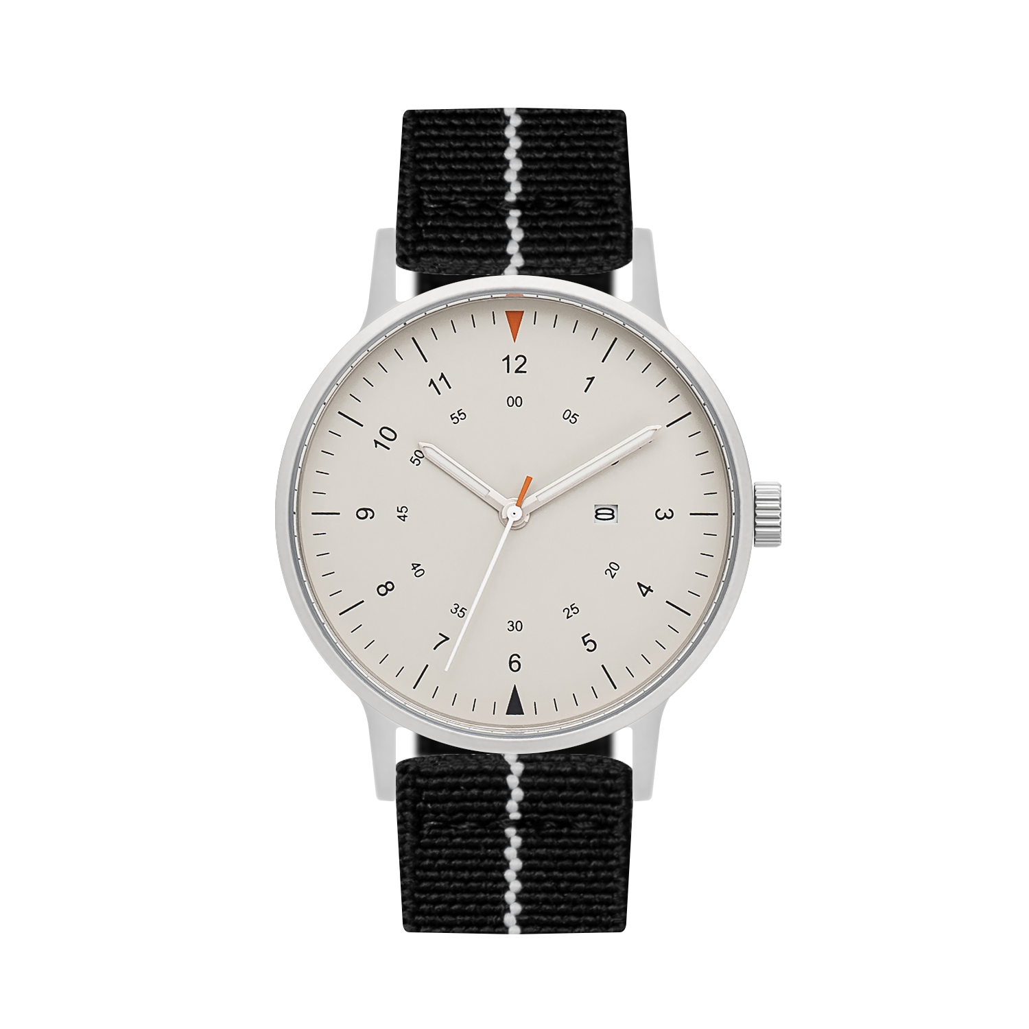 B70 Watch, Silver Case, Beige Dial, Calendar, Luminous, Stretch Nylon straps - Black