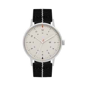 B70 Watch, Silver Case, Beige Dial, Calendar, Luminous, Stretch Nylon straps - Black