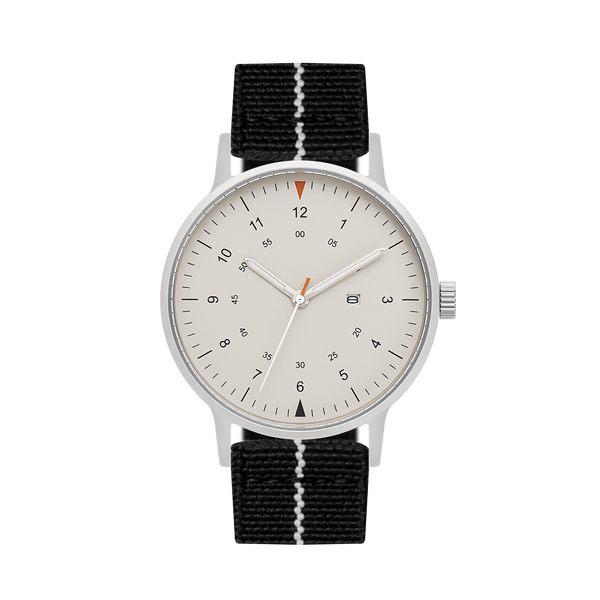 B70 Watch, Silver Case, Beige Dial, Calendar, Luminous, Stretch Nylon straps - Black