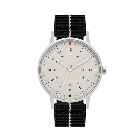 B70 Watch, Silver Case, Beige Dial, Calendar, Luminous, Stretch Nylon straps - Black