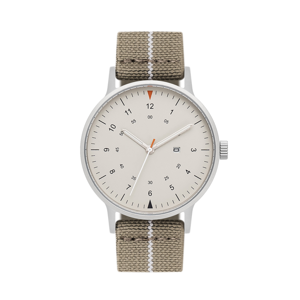 B70 Watch, Silver Case, Beige Dial, Calendar, Luminous, Stretch Nylon Strap