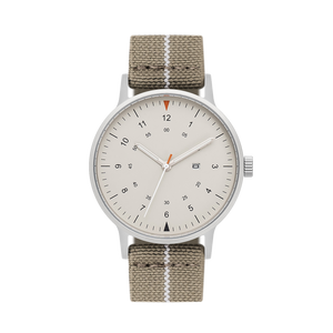 B70 Watch, Silver Case, Beige Dial, Calendar, Luminous, Stretch Nylon Strap
