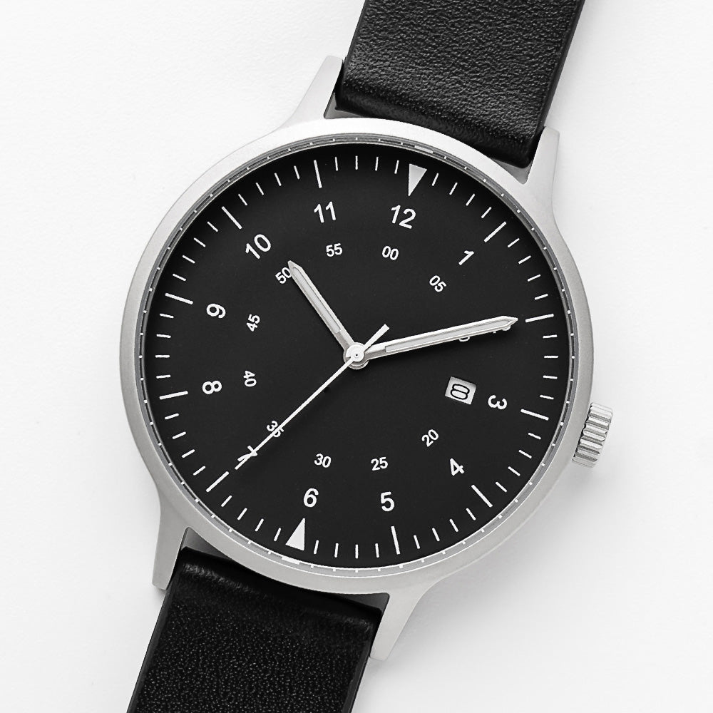 B70 Watch, Silver Case, Black Dial, Calendar, Luminous, Leather Strap - Black