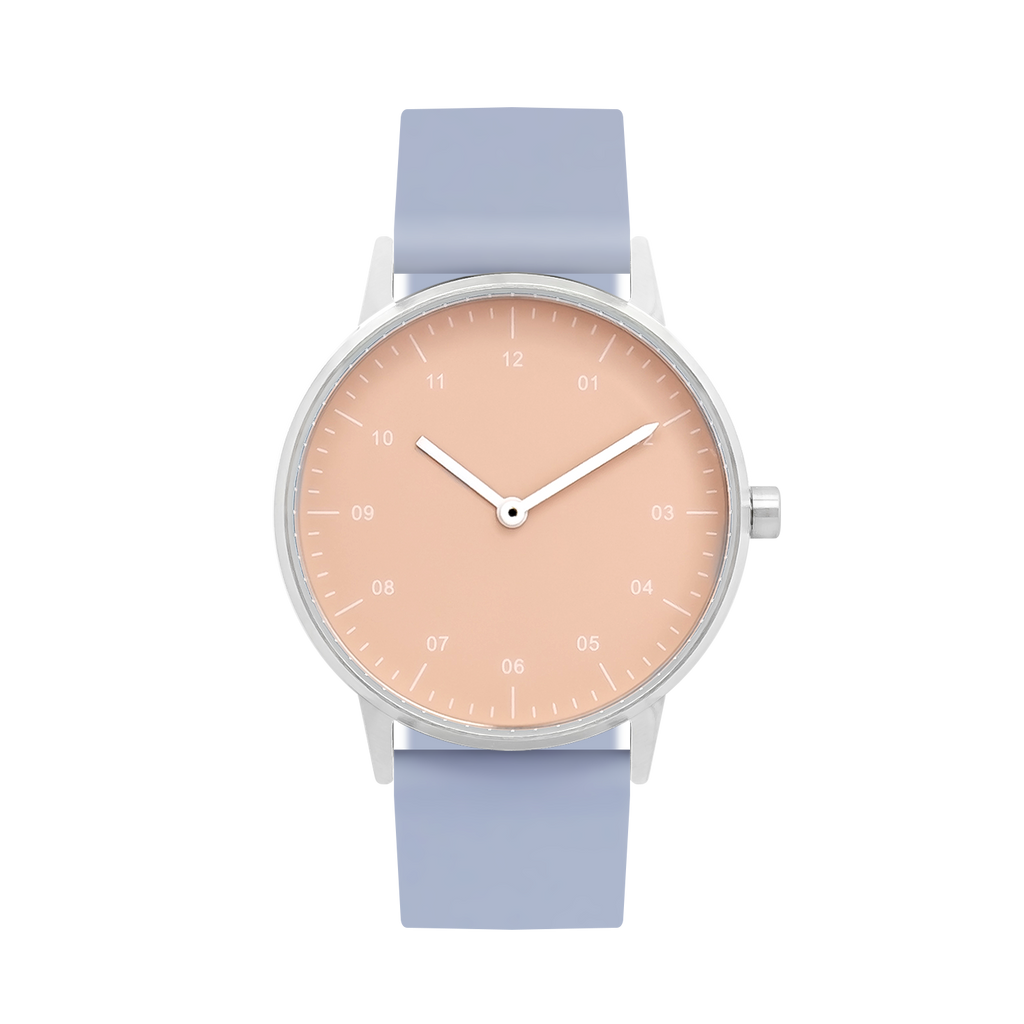 B40 Watch, Silver Case, Nude Pink Dial, Rubber Strap - Dusty Blue