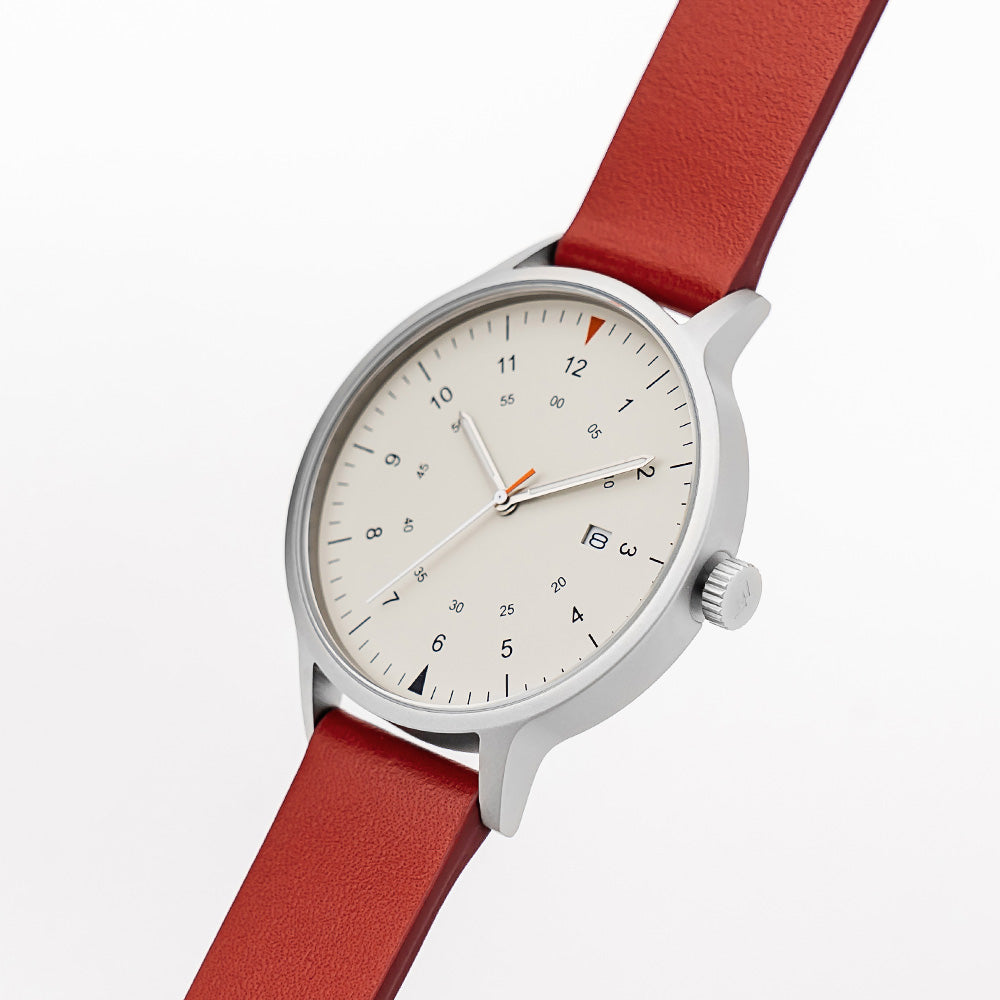 B70 Watch, Silver Case, Beige Dial, Calendar, Luminous, Leather Strap - Red