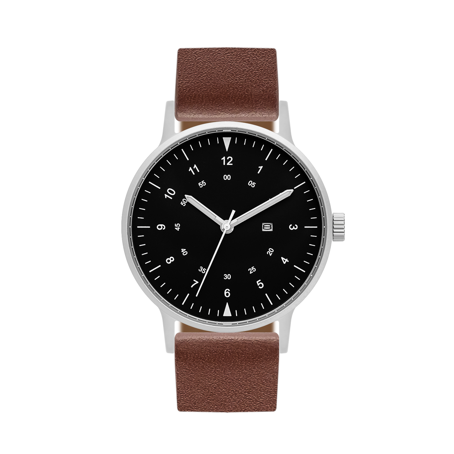 B70 Watch, Silver Case, Black Dial, Calendar, Luminous, Leather Strap - Coffee