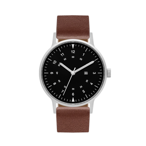 B70 Watch, Silver Case, Black Dial, Calendar, Luminous, Leather Strap - Coffee