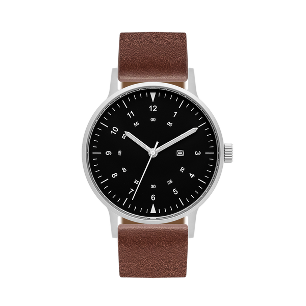 B70 Watch, Silver Case, Black Dial, Calendar, Luminous, Leather Strap - Coffee